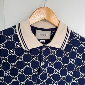 Gucci Patterned Navy and Cream Polo Shirt